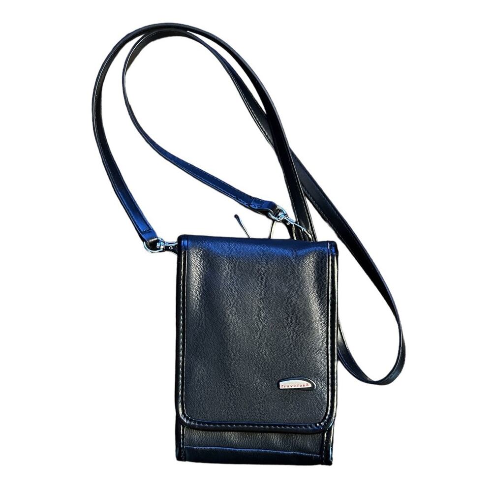Travelon Leather Crossbody Purse Black Credit Card Belt Loop Boarding Pass Slot - Picture 2 of 16